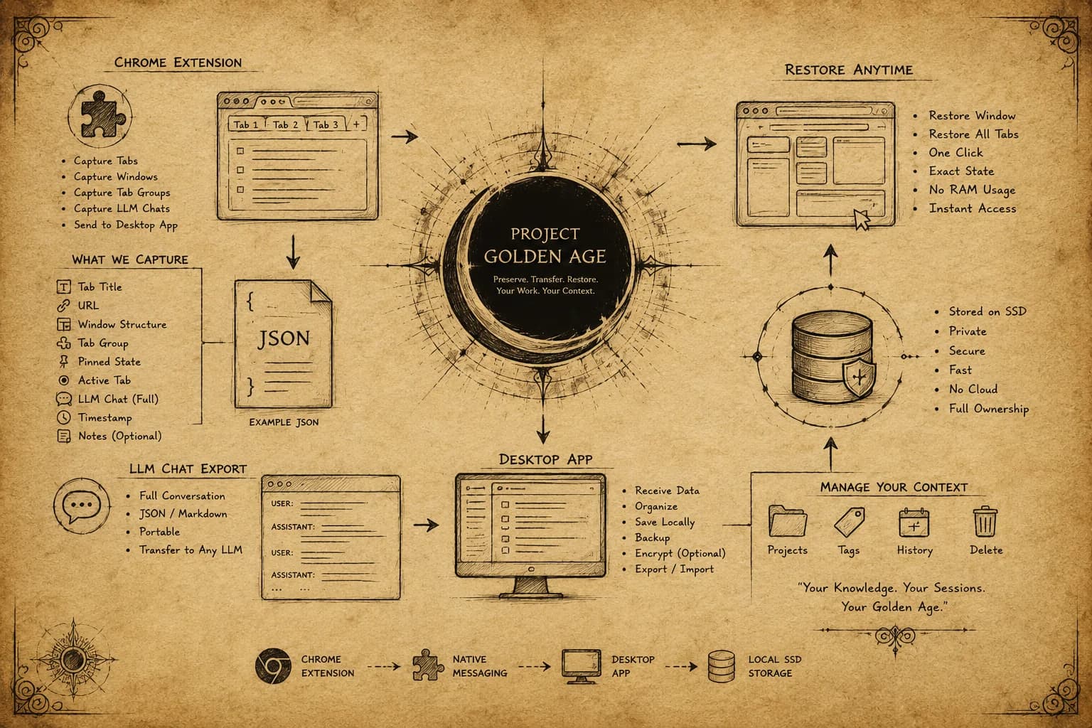 gulaq system architecture — Chrome Extension to Native Messaging to Desktop Vault to Local SSD