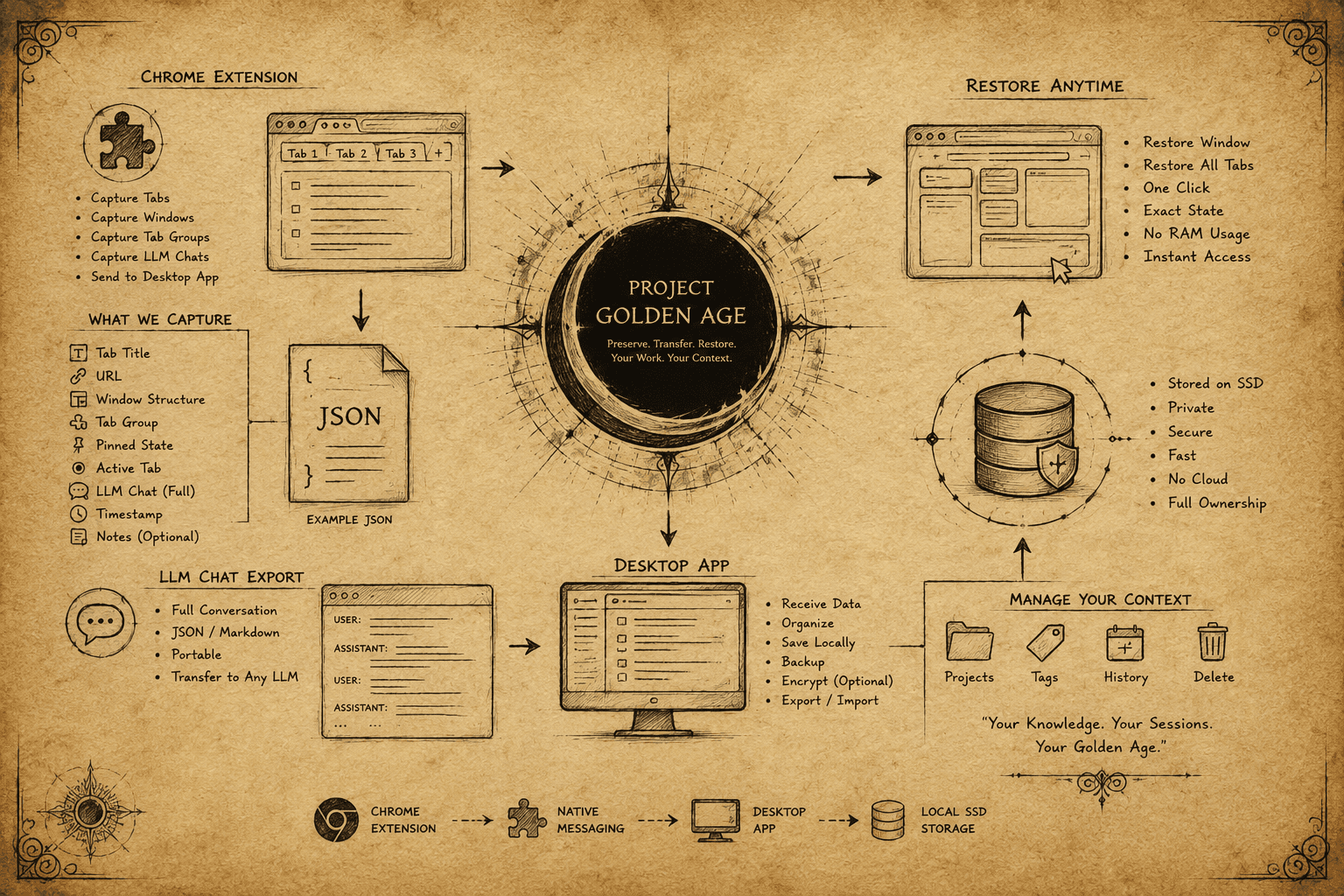 gulaq system architecture — Chrome Extension to Native Messaging to Desktop Vault to Local SSD
